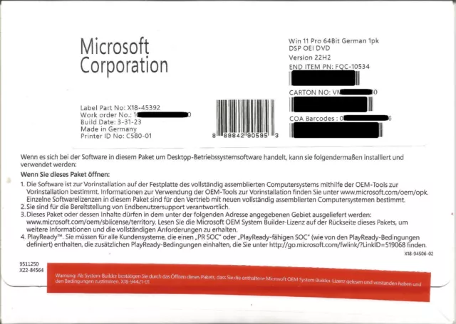 Microsoft Windows 11 PRO 64-bit Vollversion DVD Deutsch FQC-10534 OHNE LIZENZ!