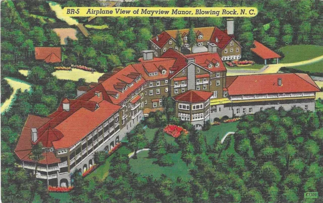 Vintage North Carolina Linen Postcard Blowing Rock Mayview Manor Airplane View