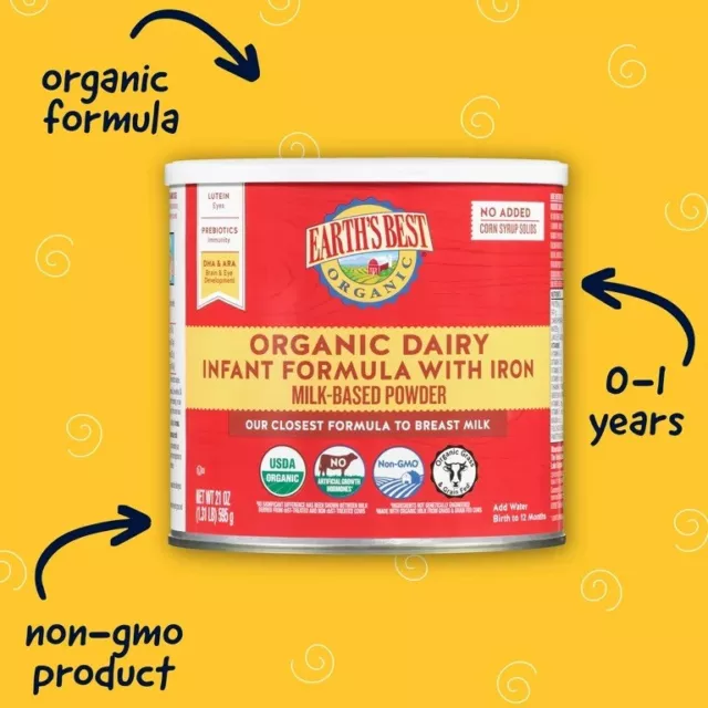 EARTH'S BEST ORGANIC DAIRY INFANT FORMULA w/ IRON Milk Powder 21 oz EXP: 2025+
