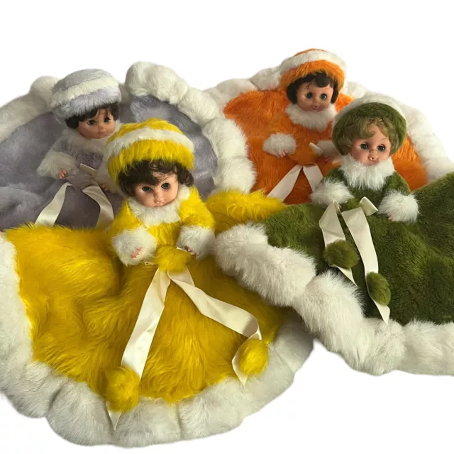 (4) Vintage Dolls 9.5”  Faux Fur Full Circle Dress And Hat Sleepy Eyes