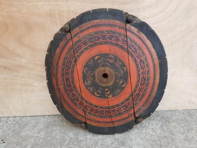 Vintage Antique Primitive Hand Lacquered Wooden Roof 15 Round Centerpiece W787