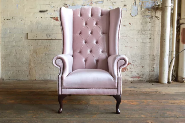 Handmade Dusty Pink Velvet Fabric Chesterfield Wing Armchair, Extra High Back