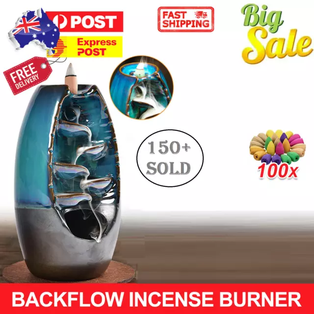 Backflow Smoke Incense Burner Mountain Waterfall Ceramic Holder 50/100 Pcs Cone