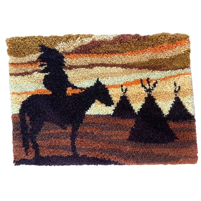 VTG 70S NATIVE American Tepee Horse Sunset Latch Hook Wall Hanging