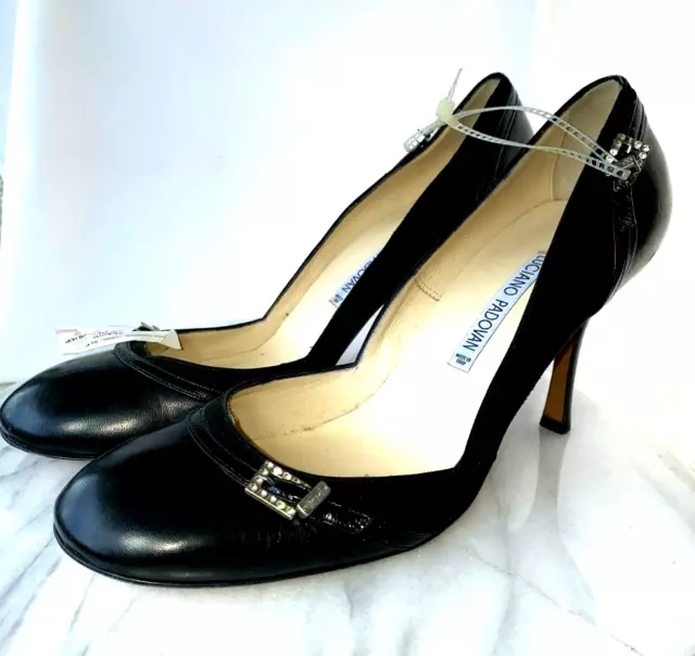 $400+ Black Leather Luciano Padovan Italy Y2K Vintage Heels Round Toe 40 9.5 NWD