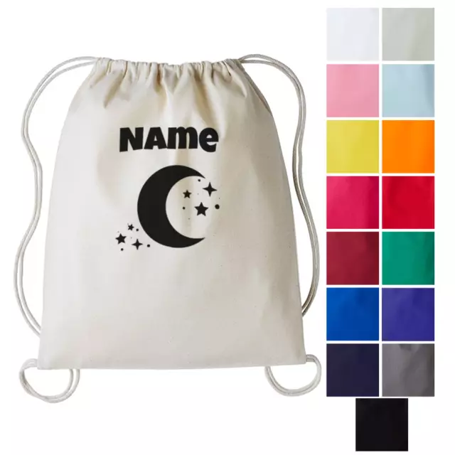 Personalised PE Bag Any Name Kids Stars Drawstring Cotton Gymsac Swimming Sport