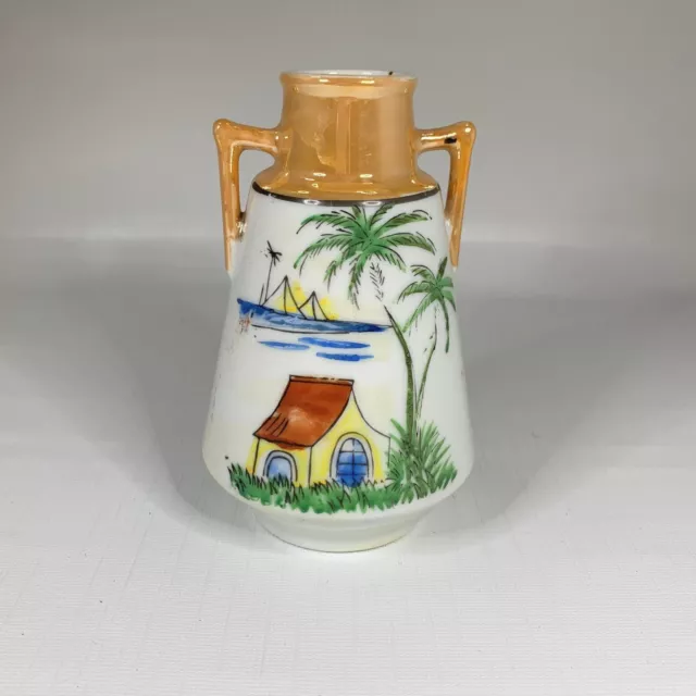 Japanese Lusterware Vase Hand Painted House Boats Palm Trees Unusual Shape