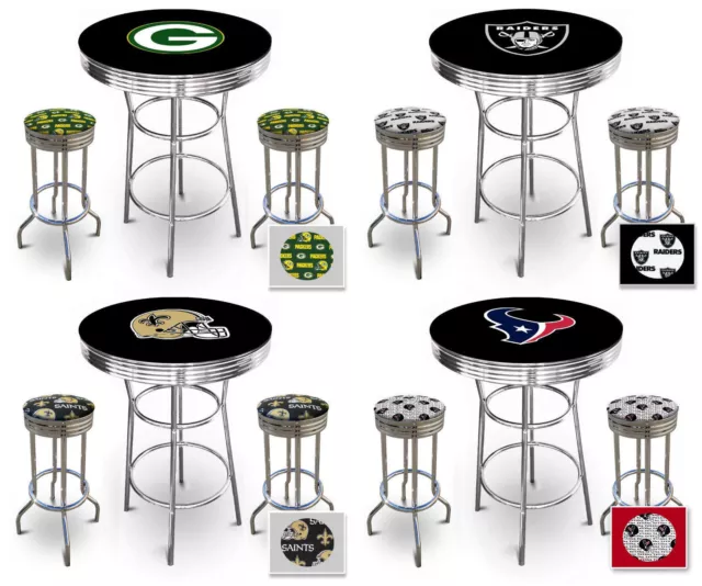 Bar Pub Table Set NFL Team Logo on Black and Chrome w/2 Swivel Seat Bar Stools