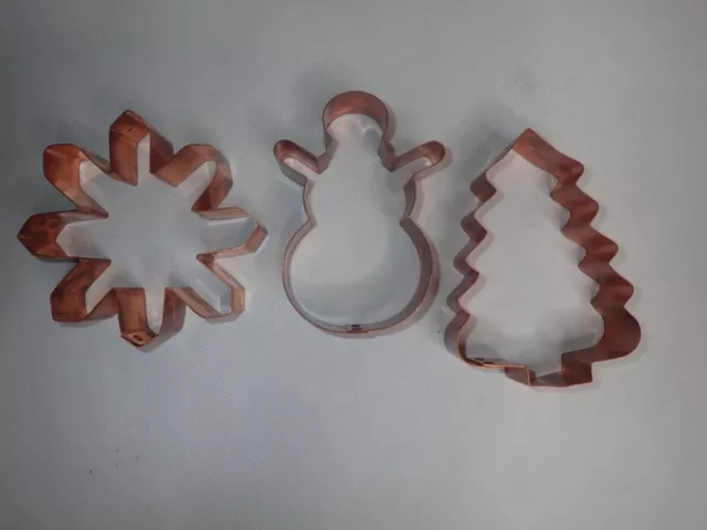Copper Cookie Cutters Large Tree Snowman Snowflake Rolled Edge Heavy Duty Set 3