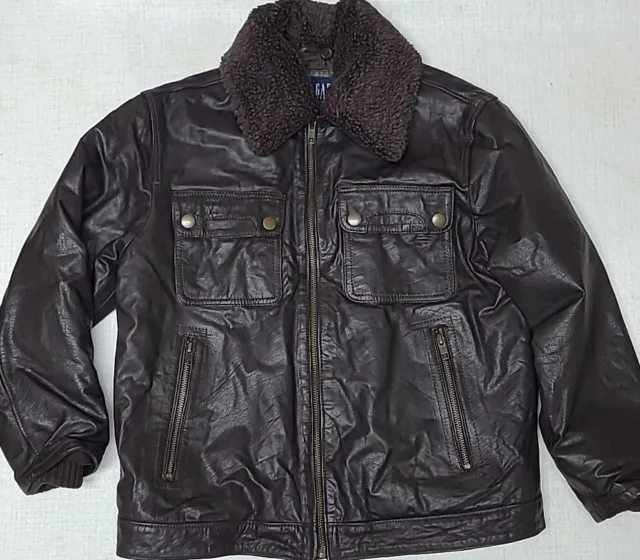 Gap Kids Genuine Leather Jacket Brown Removeable Faux Collar Quilted Liner M/L