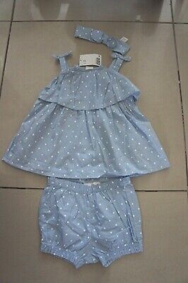 Nwt H&M Girls Blue Spotted 3 Piece Cotton Top Shorts & Headband Set 3-4 Years