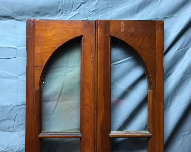 Pair Antique 3 Lite Arched Glass Cabinet Cupboard Window Doors VTG 9x44 911-22B 3