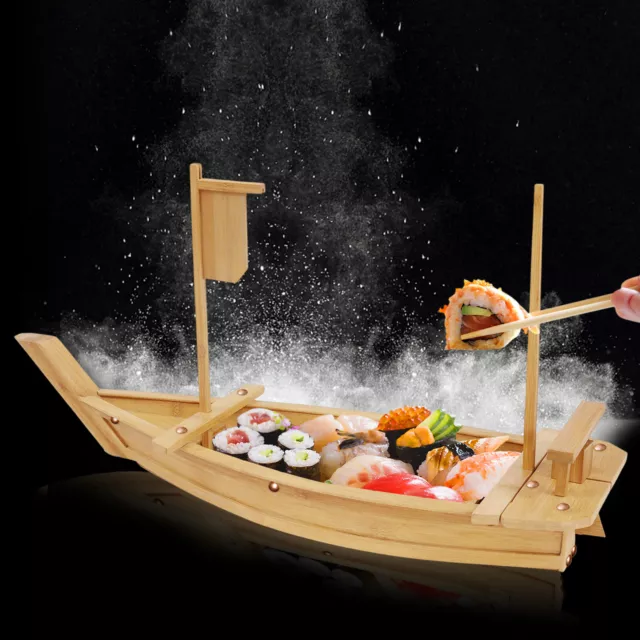 Seafood Holder Plate Serving Tray Wooden Bamboo Sushi Boat Cuisine Display Large