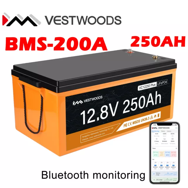 VESTWOODS 250AH 12V lithium battery with Bluetooth Monitoring 200A BMS Low Temp
