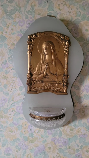 Bénitier Vintage Art Déco Avec Médaillon Vierge, Très Beau Style