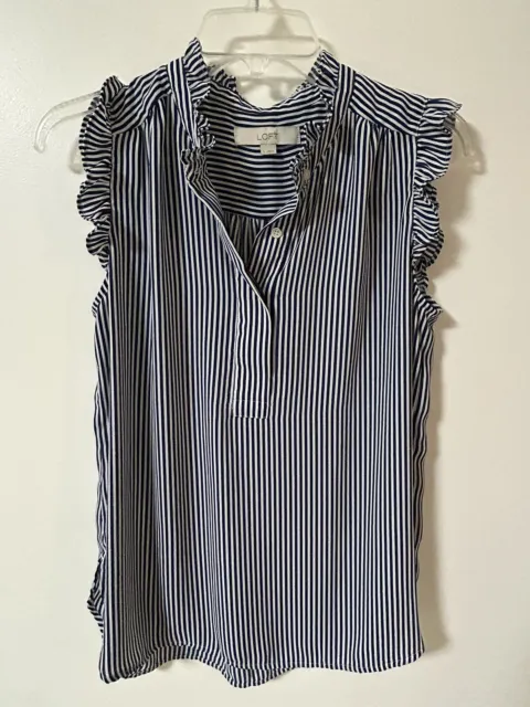 EUC LOFT WOMEN’S Sleeveless Blouse, Navy & White, Size small, Ruffle Sleeve