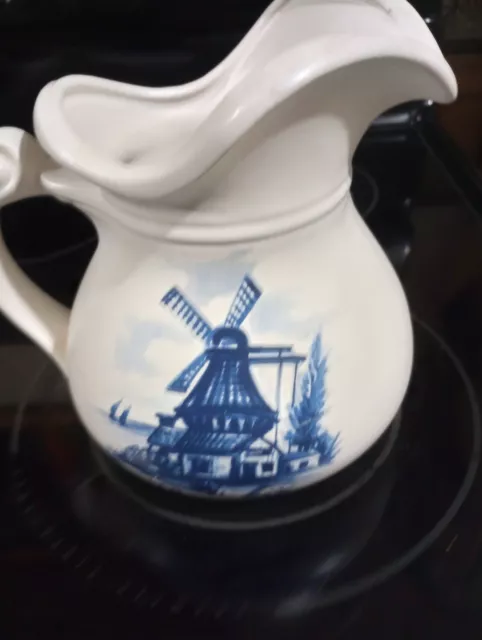 Vintage 7525 USA Blue Windmill Pitcher, Blue White USA Pottery McCoy