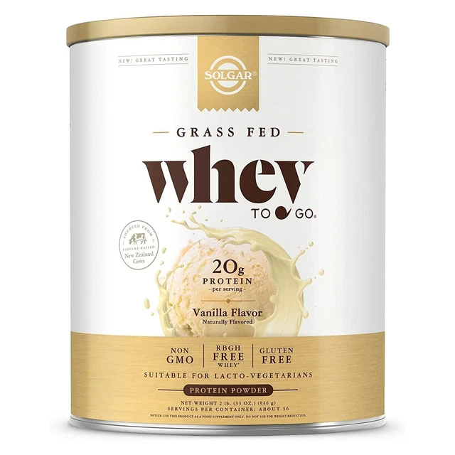 Proteína en polvo Solgar Whey To Go (sabor natural a vainilla) 33 oz, FRESCO