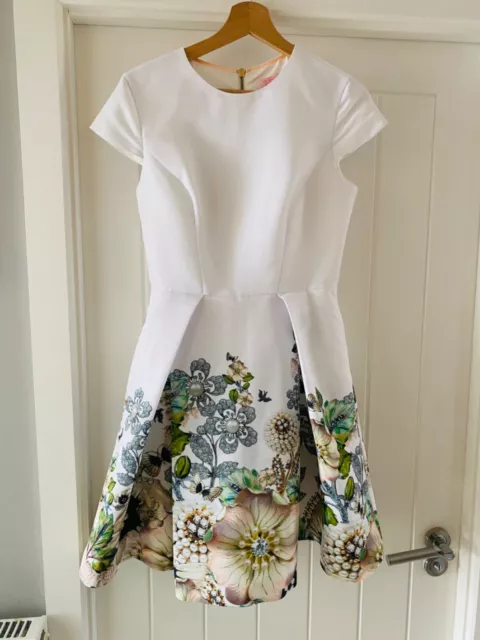 Ted Baker white dress womens size 2 / 10 floral hem gardens knee length