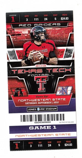 2012 Texas Tech Red Raiders Vs Northwestern State Ticket Stub 9/1/12