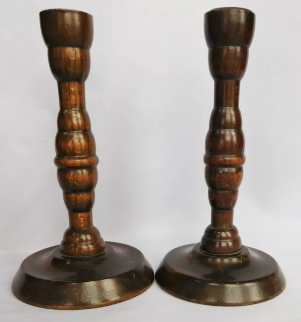 2 antique vintage wooden candle sticks holders Pair 7" tall turned wood treen