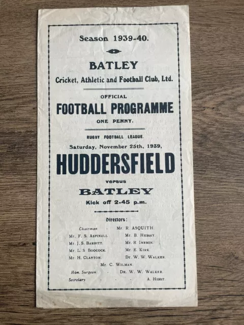 Wartime Rugby League Programme Batley v Huddersfield 25th November 1939 War Time