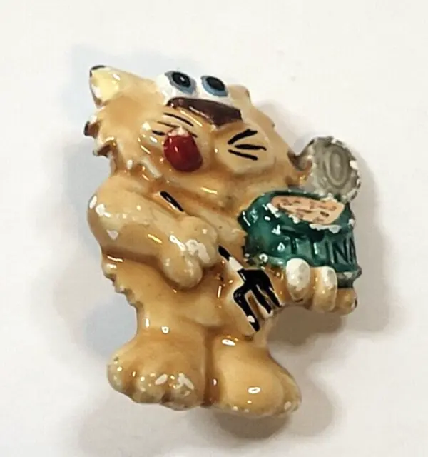Vintage Whimsical  Cat with Can of Food Brooch Pin Painted Metal Lapel Pin 1"