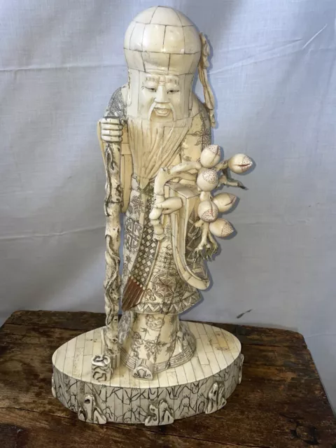 Antique Shou Lao God Of Longevity Bone Tile Figure Statue Old Chinese