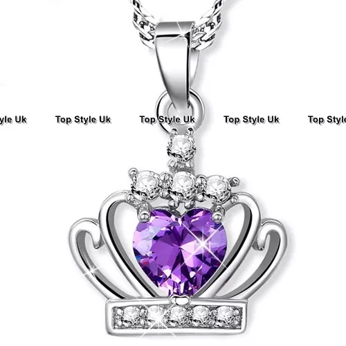 925 Sterling Silver Purple Crystal Heart Pendant Necklace Princess Queen Crown 2