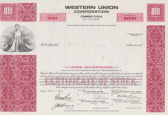 Mds Usa Western Union Corporation 100 Shares 1970, Common Stock, Entwertet