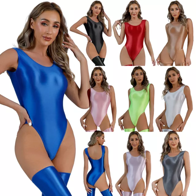 Women's Glossy One Piece Lingerie Bodysuit High Cut Leotard Swimwear Beachwear