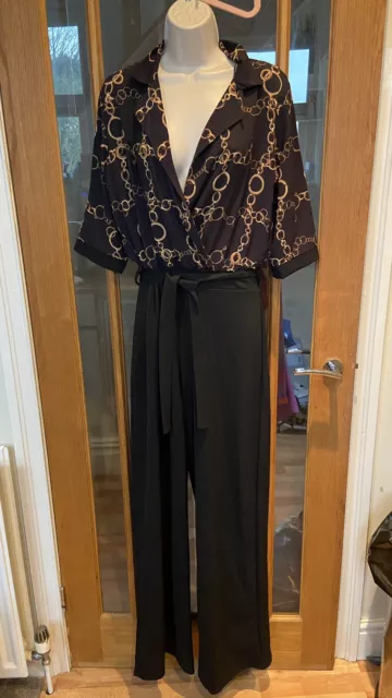 Bnwt New QUIZ black/gold Chain Print Jumpsuit 14 Party/occasion/date Night