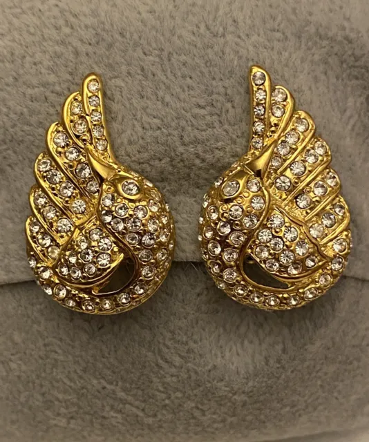 Vintage JOAN RIVERS Gold Plated Pavé Crystal Rhinestone SWAN Clip On Earrings