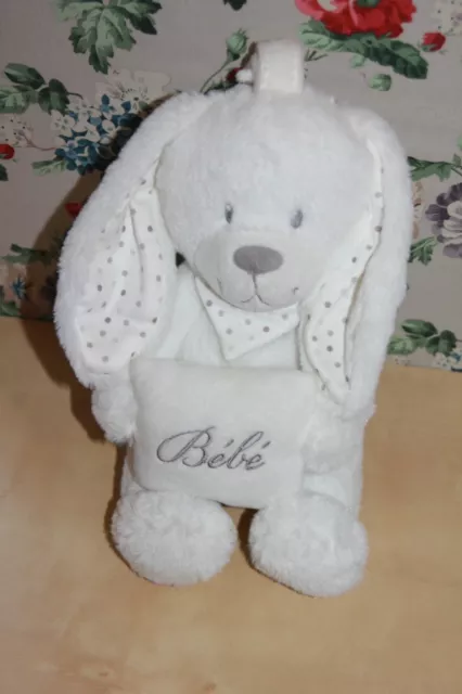DOUDOU Peluche POMMETTE LAPIN BLANC MUSICAL  COUSSIN BEBE POIS GRIS BANDANA NEUF