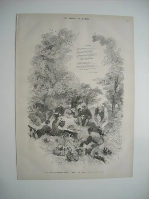 Gravure 1877. Les Mois Gastronomiques. Aout. Sur L'herbe. Par M. Edmond Morin.