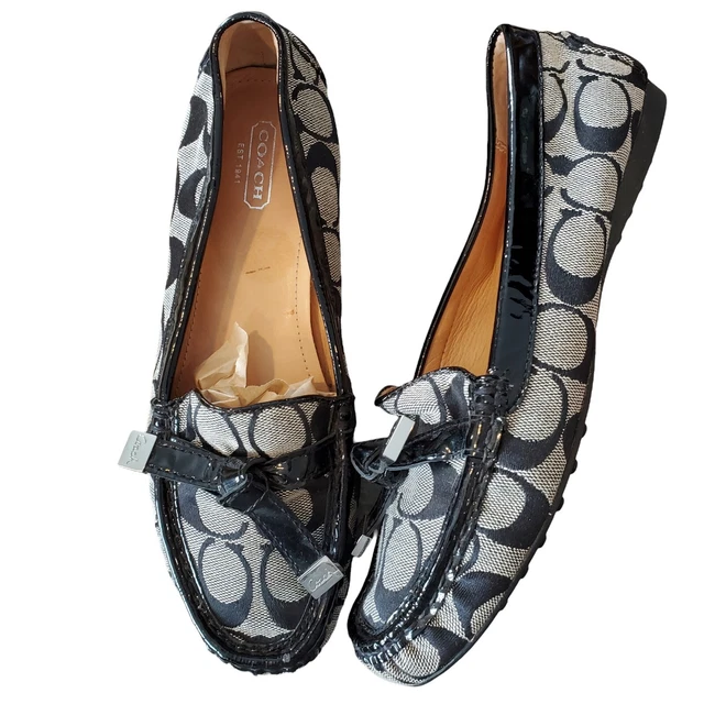 Coach Signature Black Flats Knot Tie Frida Patent Leather Trim Sliponz Sz 8