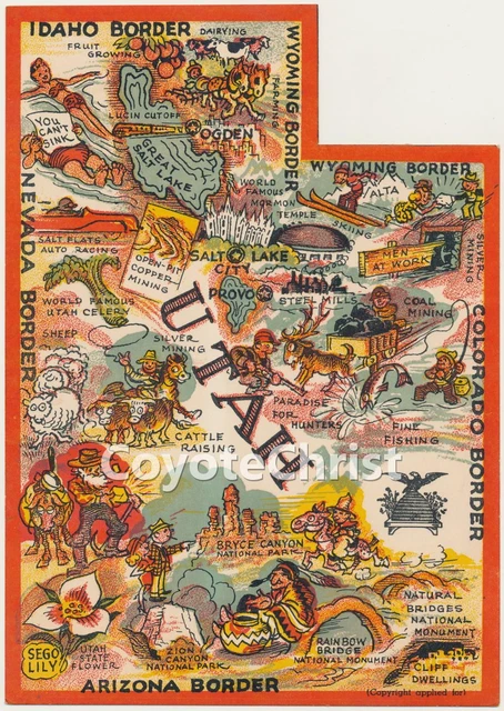 Vintage UTAH Jumbo Postcard PICTORIAL CARTOON MAP Salt Lake Provo Zion Bryce