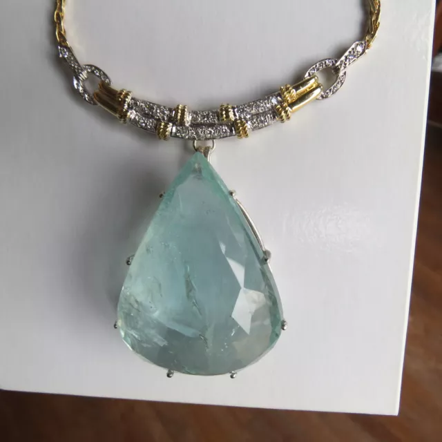 Gigantic Huge 210 ct aquamarine 2 ct diamond 18k 2-tone gold necklace choker