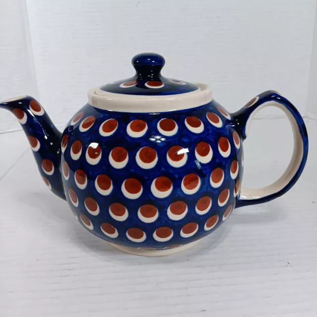 Boleslawiec Polish Pottery Teapot Blue Brown Spots Peacock Eye Vintage Poland
