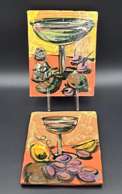 Vtg MCM Hand Painted Terracotta Wall Art Tiles Set Fruit Wine Martini RARE Uniqu