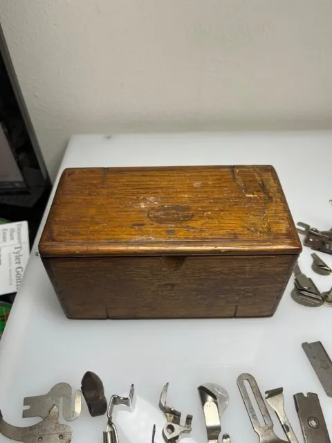 Vintage Wood Sewing Box Made in 1889 With Sewing Machine Attachments singer #1