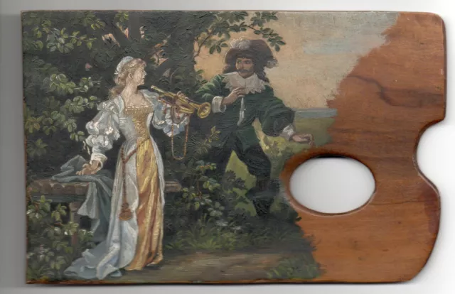 Original 19th Century Oil on Palette Board Painting Man & Female Trumpet Player