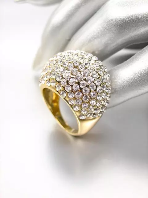 EXQUISITE STUNNING Chunky Gold Pave CZ Crystals Glitzy Dome Ring