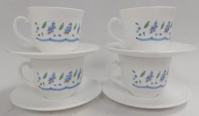 Vintage Arcopal France Cups & Saucers x4 White with Blue Floral Pattern E46 R485