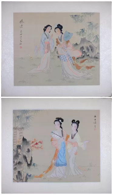 Vintage Asian Watercolor, Oriental Painting on Silk, A Walk of Ancient Beauties