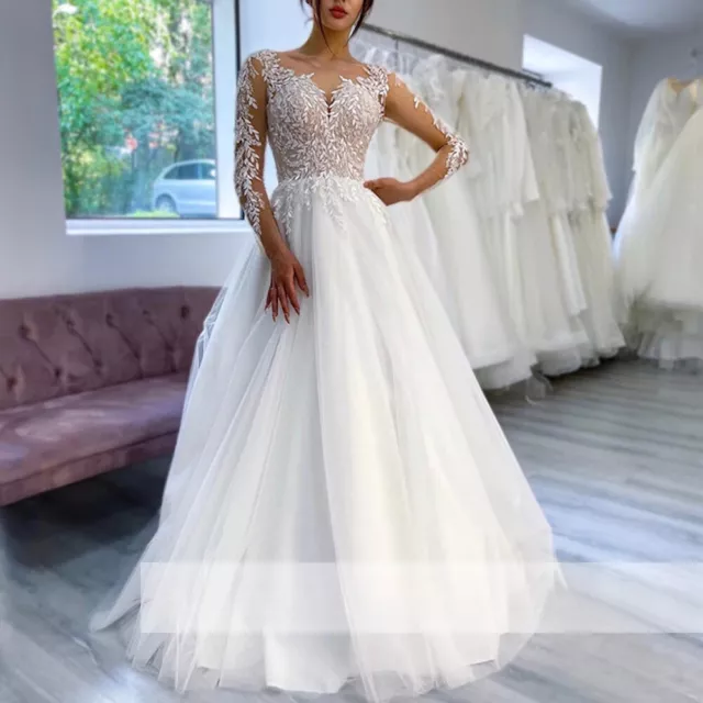 Plus Size Wedding Dresses V Neck Long Sleeves Tulle Applique A-line Bridal  Gowns