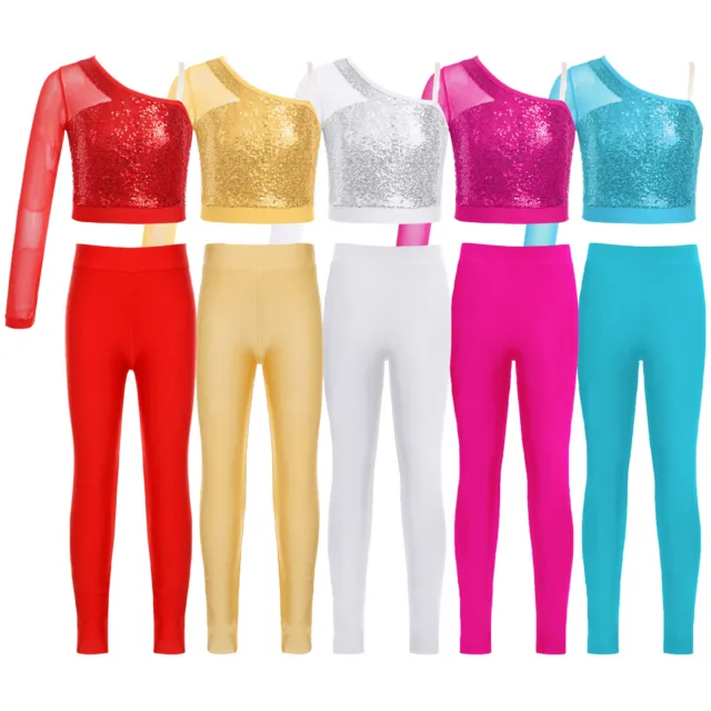 Kids Girls Crop Top With Leggings Competition Jazz Dance Costume Sparkly Party