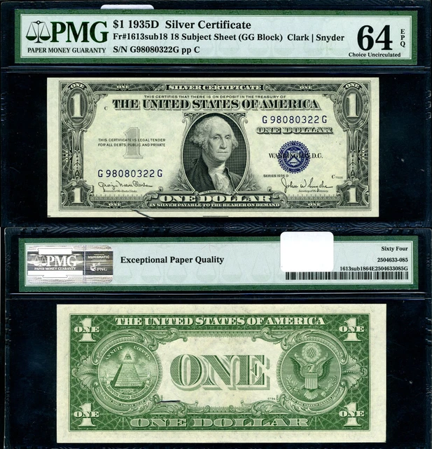 FR. 1613sub18 $1 1935-D Silver Certificate G-G Block Choice PMG CU64 EPQ