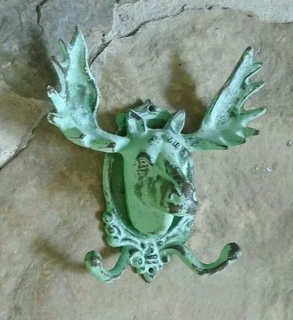 Antique Like Green Patina Cast Iron Moose Wall Double Coat Towel Hanger