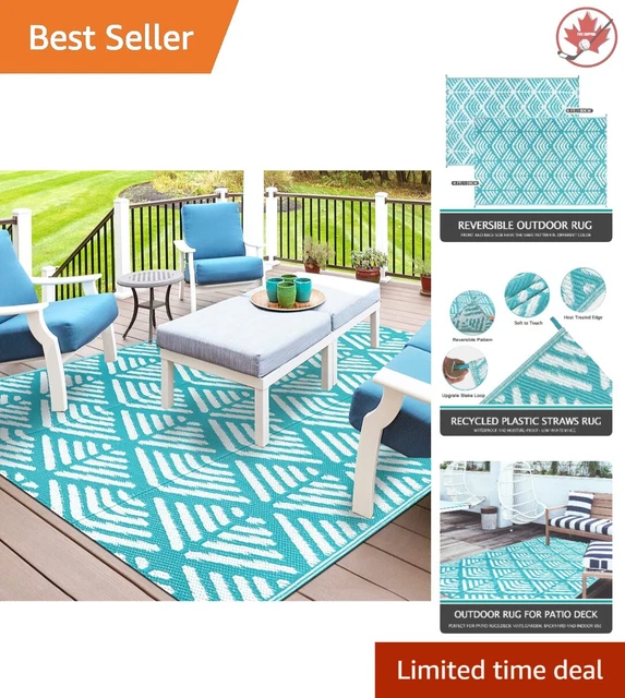 Reversible Waterproof Patio Rug - Teal Outdoor Area Rug 4'x6' with Carry Bag